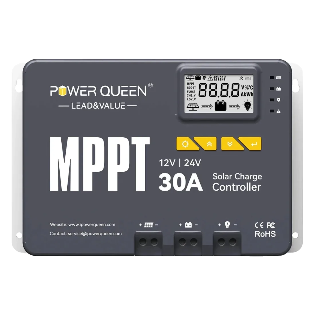 Power Queen 12/24V 30A MPPT Solar Charge Controller with Built-In Bluetooth